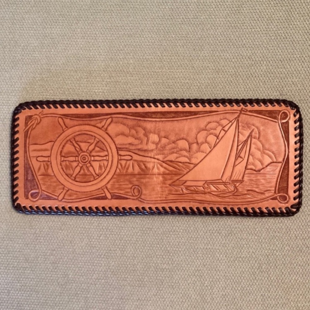 Unused vintage 50s 60s wallet billfold, embossed leather with sailboat and wheel